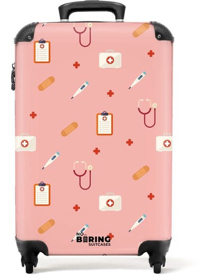 NoBoringSuitcases.com® - Kinderkoffer - Kindertrolley jongen en meisje - Medische symbolen op roze achtergrond - Handbagage koffer lichtgewicht - Reiskoffer trolley kinderen - Rolkoffer met wieltjes - Past binnen 55x40x20 en 55x35x25