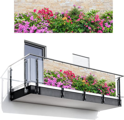 Balkonscherm 300x100 cm - Balkonposter Bloemen - Planten - Bladeren - Stenen - Balkon scherm decoratie - Balkonschermen - Balkondoek zonnescherm