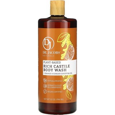 Dr. Jacobs Naturals, Gel douche riche en plantes de Castille + Huiles essentielles d'orange et de gingembre, 940 ml (946ml) brown
