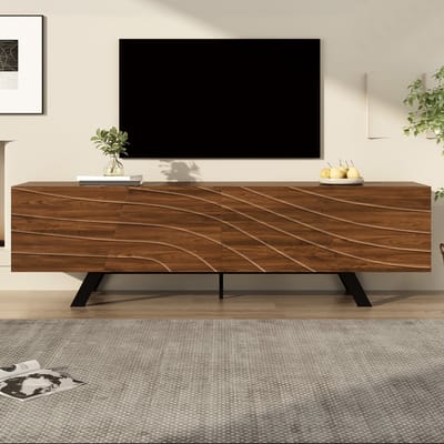 Wishdor Tv-Meubel Lowboard - Golffront - Kabelbeheer - Mdf - Walnootlook - Zwarte IJzeren Poten - 160 X 39 X 50,5 Cm