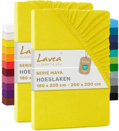 Lavea® Set van 2 Hoeslakens 180x200 cm – 100% Zacht en Ademend Katoen – voor Dikke Matrassen tot 20 cm – Jersey met Elastiek rondom – Zonnegeel