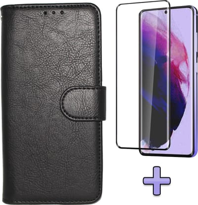HB Hoesje Geschikt voor Samsung Galaxy S21 - Zwart + Volledige Display Screenprotector - Luxe Kunstlederen Portemonnee Book Case