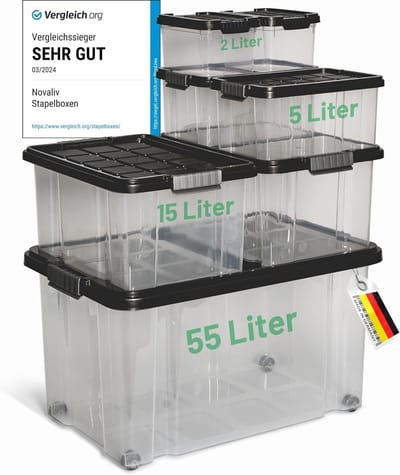 Novaliv 7-delige voordeelset opbergdozen met deksel, antraciet, 1x55 L + 2x 15 L + 2x 5 L + 2x 2 L, nestbaar, stapelbaar, clipsluiting, roldozen, BPA-vrij