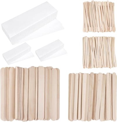 600 stuks waxsticks, stripset, 300 houten wax-applicatorsticks, small, medium, grote waxspatulas en 300 non-woven papieren waxstrips voor gezicht, lichaam, wenkbrauw, ontharing, vrouwen en mannen (2)