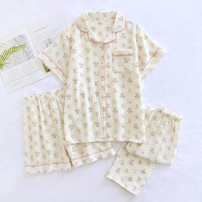 Lente en Zomer Nieuwe Dames Driedelige Pyjama Set 100% Katoen Crêpe Korte Mouw + Shorts + Broek Set Pyjama 2XL