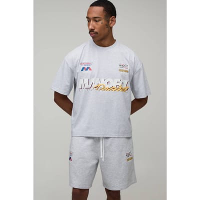 Oversized Boxy Heren Moto Bedrukt T-shirt & Baggy Short Set | Grey Marl | Size XS