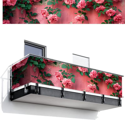 Balkonscherm 500x100 cm - Balkonposter Roze - Bloemen - Rozen - Bladeren - Balkon scherm decoratie - Balkonschermen - Balkondoek zonnescherm