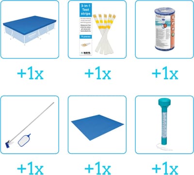 Accessoires voor Bestway Steel Pro Zwembad - 300x201x66 cm - Rechthoekig - Met filterpomp - Bestway - 56411 - Afdekzeil - Testrips - Filter - Schoonmaakset - Grondzeil - Thermometer
