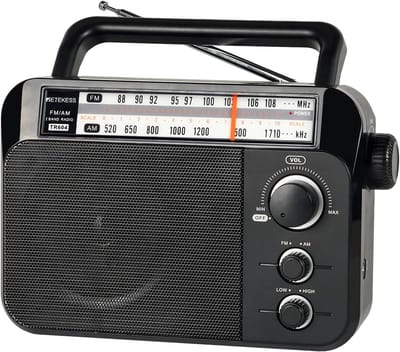 Noodradio - Retekess Draagbare radio - Werkt op batterijen en op Netstroom - Retro radio - FM radio - Keukenradio - Noodradio Denk Vooruit - Handvat - Koptelefoonaansluiting - Zwart (TR604)- Vaderdagcadeau