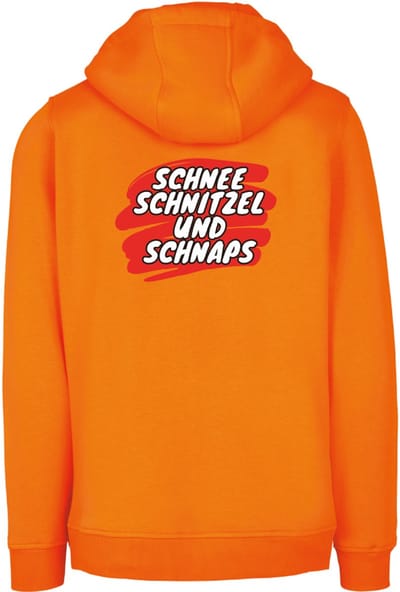 Schnee, schnitzel und schnaps wintersport hoodie oranje S - soBAD. | Foute apres ski outfit | kleding | verkleedkleren | wintersporttruien | wintersport dames en heren