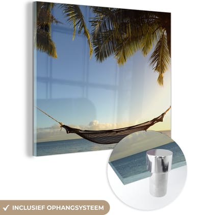 MuchoWow® Glasschilderij 50x50 cm - Schilderij acrylglas - Hangmat - Tropisch - Palmboom - Foto op glas - Schilderijen