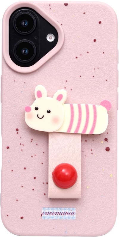 Casemania Hoesje Geschikt voor Apple iPhone 16 - Roze - Siliconen Back Cover met Vingerhouder - Konijntje Telefoonhoesje met Ring - Bunny Softcase Backcover voor Meisjes - Telefoon Grip