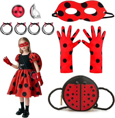 Complete Set voor Kinderen met Lieveheersbeestje Kostuum: Masker, Handschoenen, Tas, Haarbanden en Oorbellen voor Carnaval en Cosplay