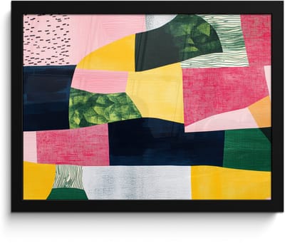 Poster in lijst - Fotolijst 40x30 cm - Posters - Abstract - Roze - Lappen - Vormen - Geel - Posterlijst zwart - Decoratie - Wanddecoratie woonkamer - Muurdecoratie slaapkamer