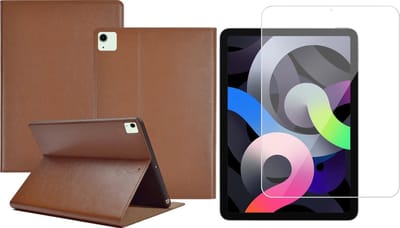 Hoes geschikt voor iPad Air 2022 / 2020 10.9 inch - Leren Book Case Cover Bruin - Tempered Glass Screenprotector