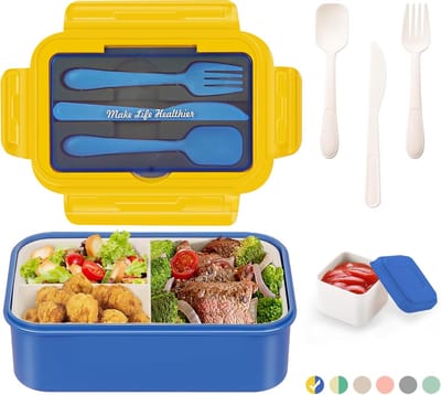 Famanu - Lunchbox voor volwassenen en, 1400 ml, met 3 vakken, incl. bestek, de snackbox is geschikt voor magnetrons en vaatwassers, voor school, werk, picknick en op reis (blauw)