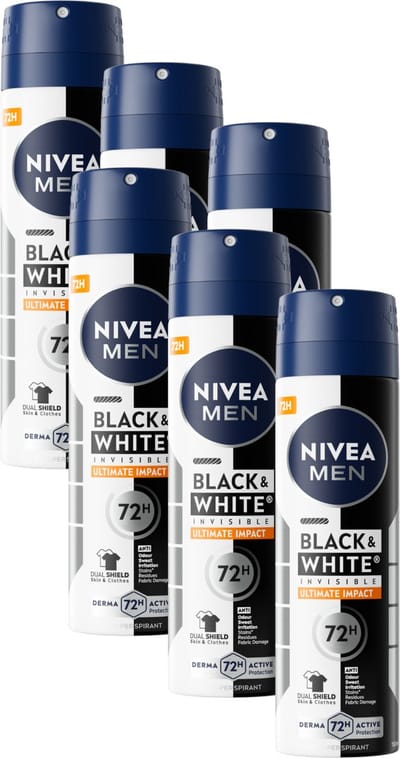 NIVEA MEN Black & White Ultimate Impact Anti-Transpirant Deo Spray - Anti-Vlekken Deo 72u bescherming- Voordeelverpakking - 6 x 150ml