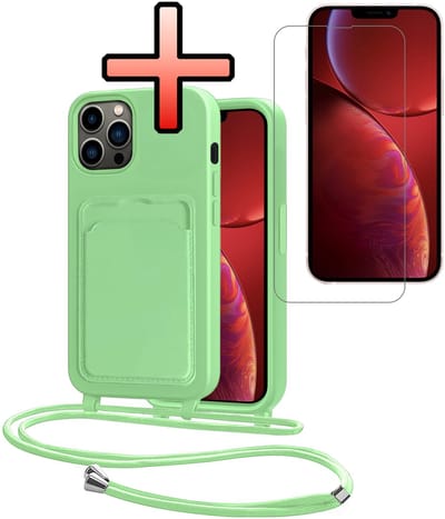 Hoes Geschikt voor iPhone 13 Pro Hoesje Pasjeshouder Cover Met Koord Case Siliconen Hoes Met Telefoonkoord en Kaarthouder Met Screenprotector - Groen