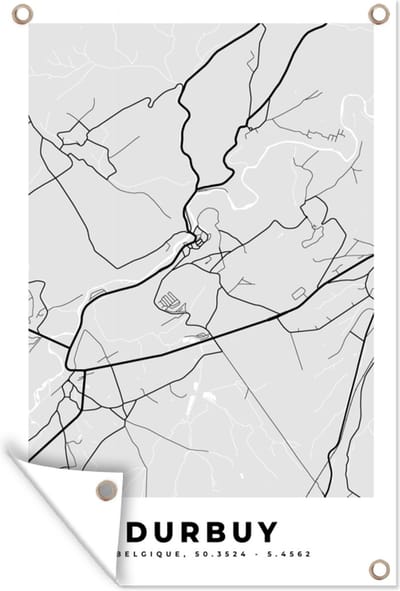 Muurdecoratie België – Durbuy – Stadskaart – Kaart – Zwart Wit – Plattegrond - 120x180 cm - Tuinposter - Tuindoek