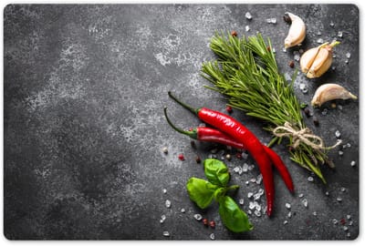 Placemats 45x30 cm - Placemat kunststof - 1 stuk - Peper - Kruiden - Specerijen - Beton - Borden onderleggers - Decoratie voor op tafel - Keuken tafeldecoratie accessoires - Vinyl onderlegger - Tafelversiering