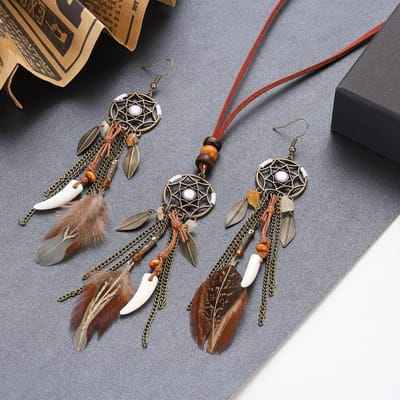 2pcs Bohème Femme Creux Attrape-rêves Plume Gland Boucles d'oreilles Ensembles Rétro Alliage Feuille Pierre Pendentif Boucles d'oreilles Collier Zircon gray