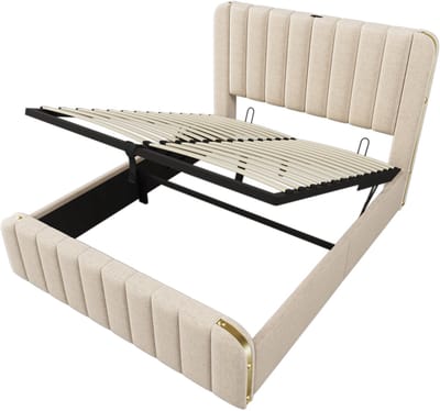 Gestoffeerd tweepersoonsbed met gouden sierstrepen op het hoofdeinde en USB Type-C-oplaadfunctie, 140*200 cm, beige linnen bekleding, hydraulisch opbergbed, draagvermogen 181 kg (inclusief matras).