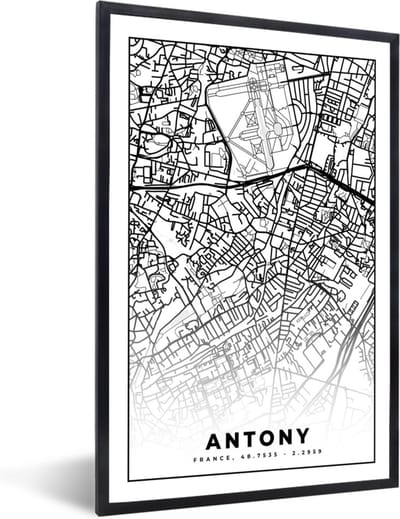 Fotolijst incl. Poster Zwart Wit- Stadskaart - Antony - Frankrijk - Kaart - Plattegrond - Zwart wit - 40x60 cm - Posterlijst