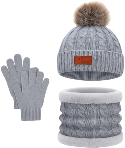 Ultiluxe® Winterset voor kinderen - Grijs - Muts met handschoenen en sjaal - 2 t/m 5 jaar - Kindermuts met winter handschoenen en warme ronde sjaal - Baby, kind, meisje of jongen - 3-delige set