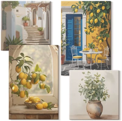Wallfluent Set van canvas schilderijen - Citroenen in de stad van Italiaanse architectuur Canvas Schilderijen Set - Set van 4 Canvas Schilderijen - Geel Set van Canvas Prints - Natuur Canvas Kunst Set - Boheemse Canvas Kunst Set