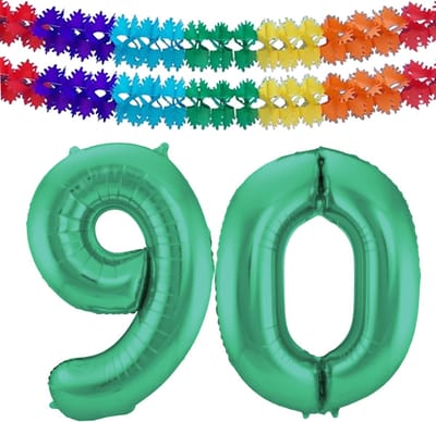 Folat Verjaardag Leeftijd folieballon - 90 jaar - groen - 86 cm - cijferballon groot - incl 2x feestslingers