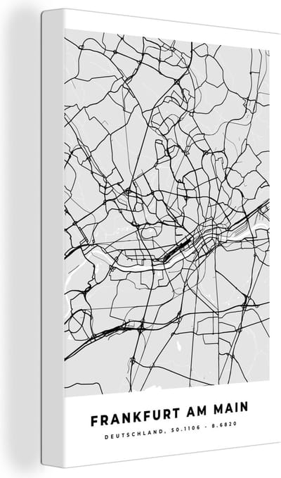 Canvas Schilderij Frankfurt Am Main - Kaart - Stadskaart - Plattegrond - Duitsland - 20x30 cm - Wanddecoratie