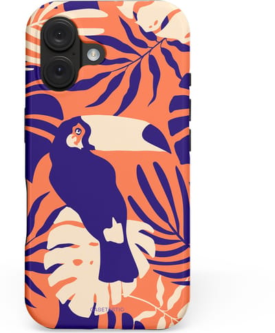 Casetastic hoesje geschikt voor Apple iPhone 16 - MagSafe - Dubbellaagse bescherming - Paradijs Toekan - Fashion Case - Terracotta Donkerblauw Zand
