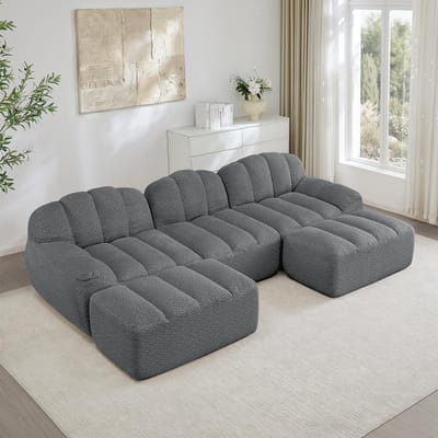 BLACKCOLORS Modulaire U-vormige 3-zitsbank met 2 chaise longues, Boneless-bank van 32D-schuim met hoge dichtheid, diepe zitting, ideaal voor de woonkamer, zachte stof, grijs