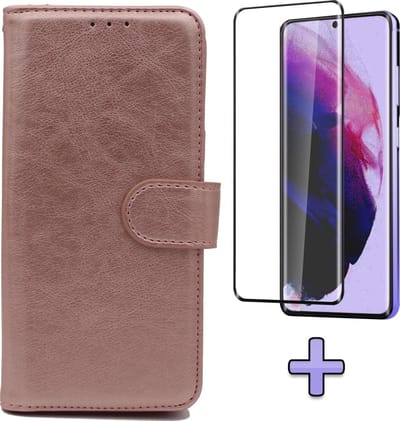 HB Hoesje Geschikt voor Samsung Galaxy S21 Plus - Roségoud + Volledige Display Screenprotector - Luxe Kunstlederen Portemonnee Book Case