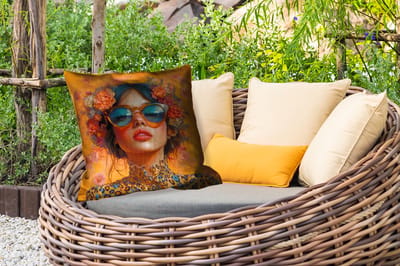 Sierkussen Buiten - Vrouw - Bloemen - Aesthetic - Oranje - 60x60 cm - Weerbestendig