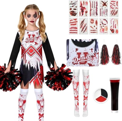 Zombie Cheerleader Kostuum voor Kinderen met Pompoms, Nepbloed, Tatoeages en Make-up voor Halloween en Carnavalsfeest