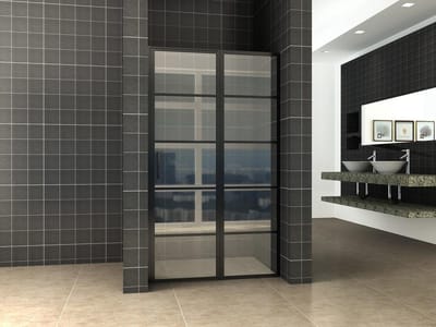 Wiesbaden Horizon nisdeur met vast deel en raster 1200 x 2000 x 8mm nano helder glas/mat zwart