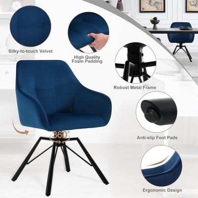 Eetkamerstoel Novihome LuxeSpin – Set van 6 Draaibare Blauwe Fluwelen Stoelen met Armleuningen en Ergonomische Rugleuning – Comfortabele Moderne Keuken- en Woonkamerstoelen