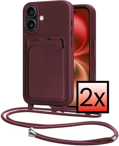 Hoes Geschikt voor iPhone 16 Plus Hoesje Pasjeshouder Cover Met Koord Case Siliconen Hoes Met Telefoonkoord en Kaarthouder - Aubergine - 2 PACK