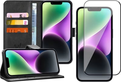 Hoesje geschikt voor iPhone 14 - Book Case Kunstleer Wallet Cover Portemonnee Pasjeshouder Hoes Zwart - Full Tempered Glass Screenprotector