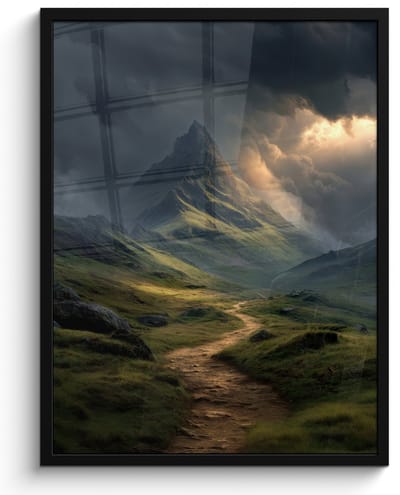 Poster in lijst - Fotolijst 60x80 cm - Posters - Bergen - Kronkelpad - Groen - Wolken - Posterlijst zwart - Decoratie - Wanddecoratie woonkamer - Muurdecoratie slaapkamer