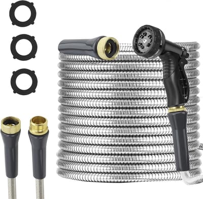 Roestvrijstalen Tuinslang - Metalen Waterslang - Tuin Bewateren - Met 10 Functies Sproeier - 75 voet - Zilver