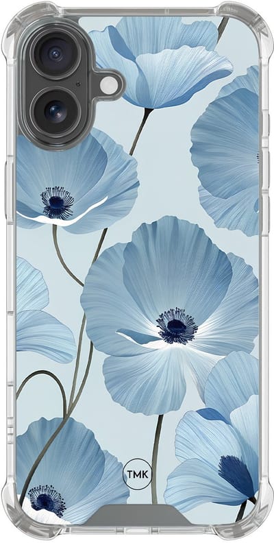 Shockproof hoesje geschikt voor Apple iPhone 17 - Blauw bloemenveld - Schokbestendig - Verhoogde randen - TPU case - Extra Sterke Back Cover - Bloemen - Transparant, Blauw