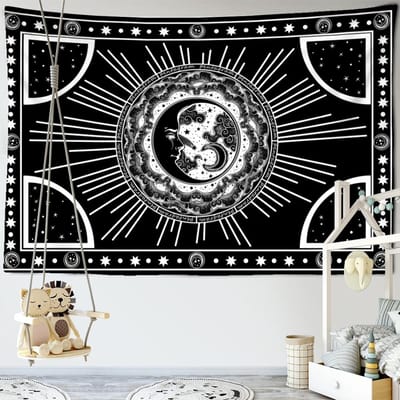 Tapisserie murale à suspendre, motif soleil, lune, étoile, sorcellerie abstraite illusoire, impression noir et blanc, décoration de dortoir bohème 95x70CM gray