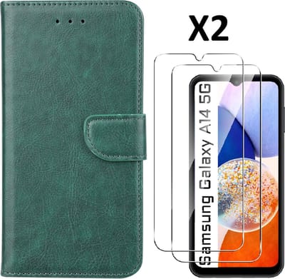Hoesje Geschikt Voor Samsung Galaxy A14 5G /4G Hoesje met Pasjeshouder - bookcase Portemonnee – Met 2x Screenprotector / gehard glas – Groen