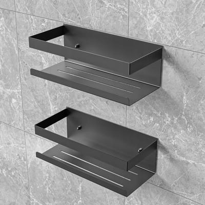 Badkamerplank Zwart Roestvrijstaal 33x20x10 cm - Wandmontage zonder Boren, 2 Stuks