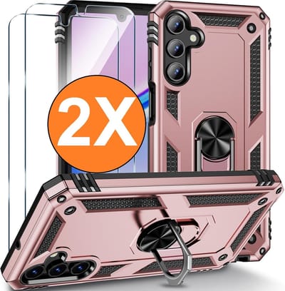 Hoesje Geschikt voor Samsung Galaxy A16 4G / 5G Hoesje Rose Goud Anti-Shock Hybrid Armor hoesje Met Draaibare Ring Houder - Samsung A16 4G / 5G Screenprotector 2 pack
