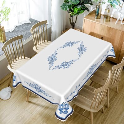 Blauw Bloemig Rechthoekig Tafelkleed Bruiloft Feest Decor Herbruikbaar Blauw Wit Porselein Bedrukt Tafelkleed Keuken Eettafel Decor 100x160cm