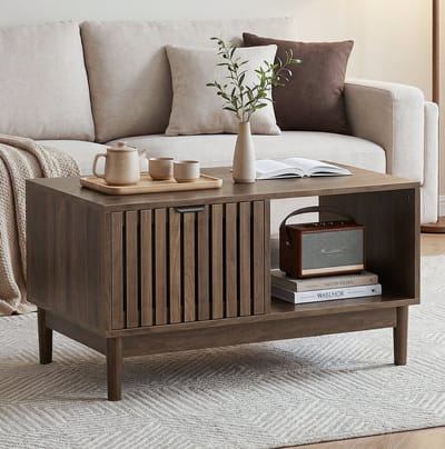 MIVRAY Salontafel - Modern Design Met Lade En Open Vakken - Voor Woonkamer - MDF In Walnootkleur - 80x50x45 Cm