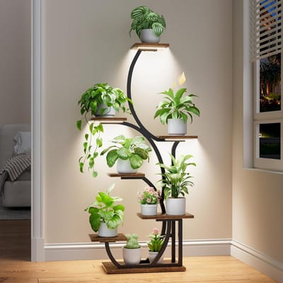 Plantenstandaard met kweeklampen 7 gelaagde 57 inch indoor hoge plantenplank hoekplantenstandaards voor meerdere planten metalen bloemendisplayplanken plantenrek houder voor thuis terras